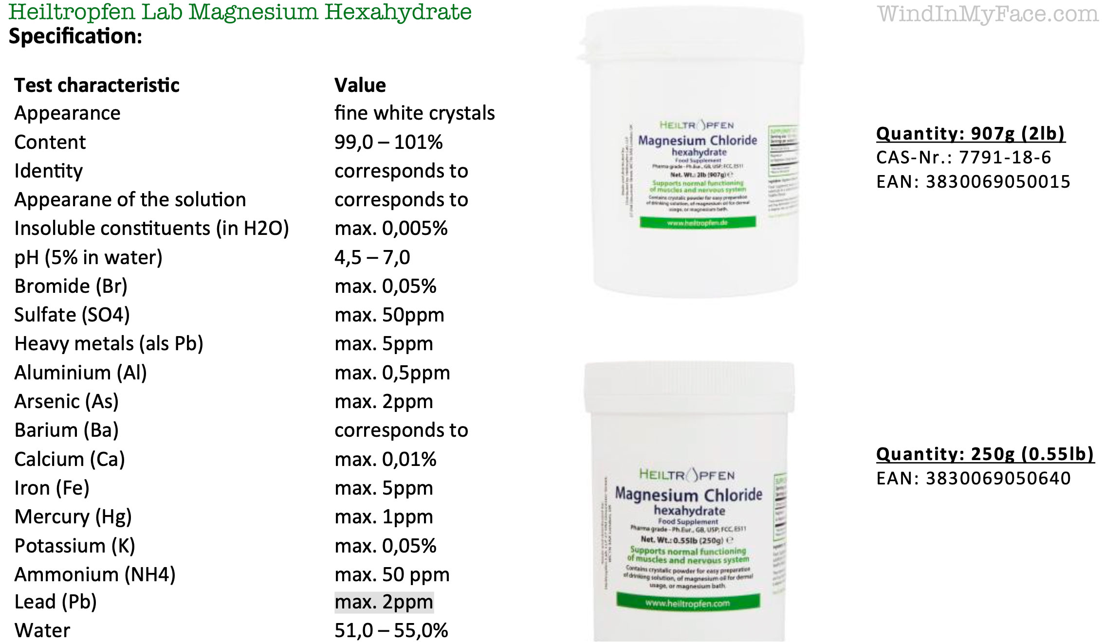 Specifications for Heiltropfen Lab Magnesium Chloride Hexahydrate