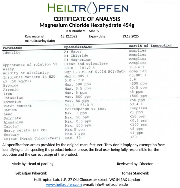 Certificate of Analysis for Heiltropfen Lab Magnesium Chloride Hexahydrate