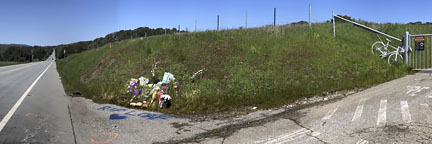 Memorial to cyclist killed by motorist —  car parts and blood spots